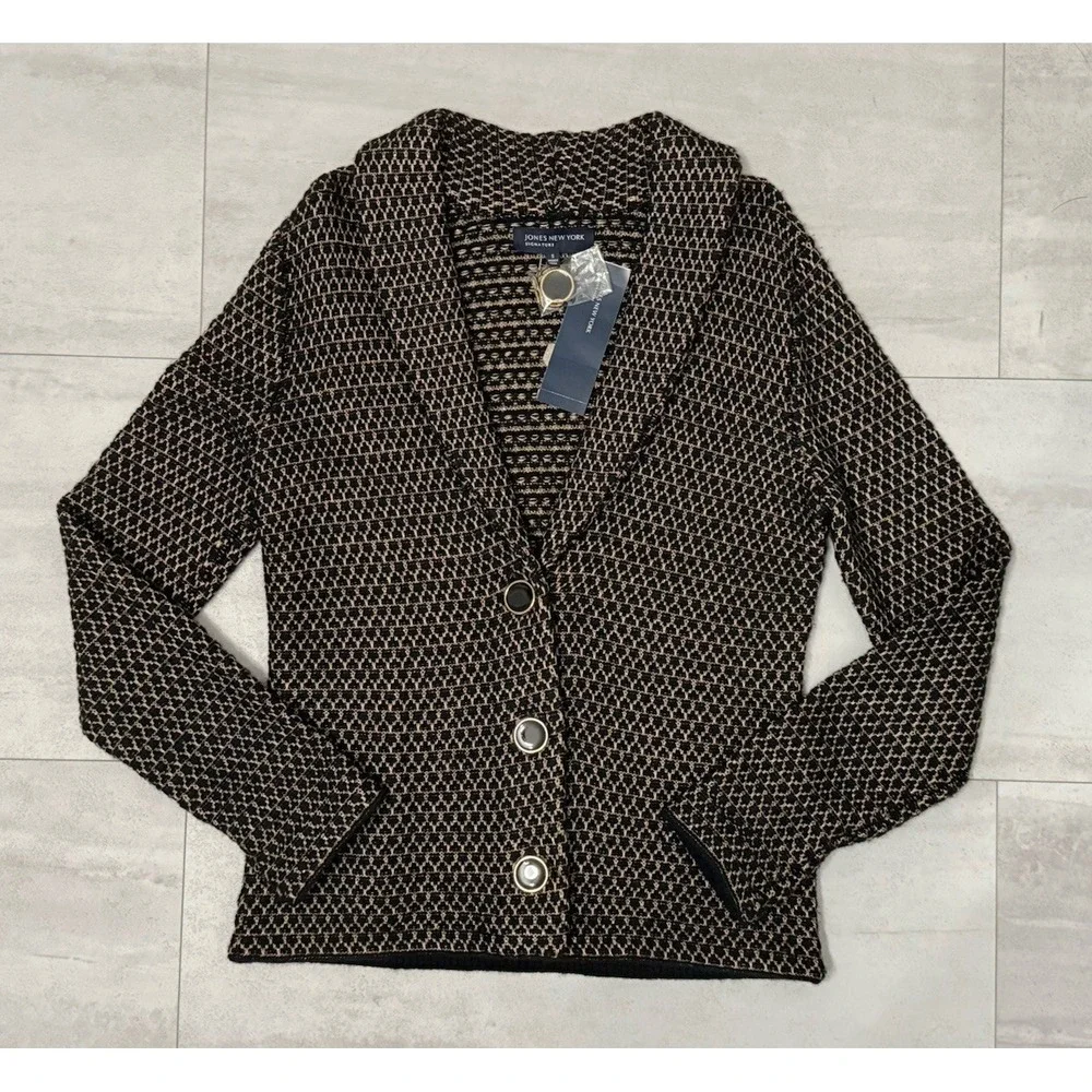Jones New York S Black/ Gold Wool Knit Jacket Sweater Blazer with Pockets NWT - Picture 1 of 5